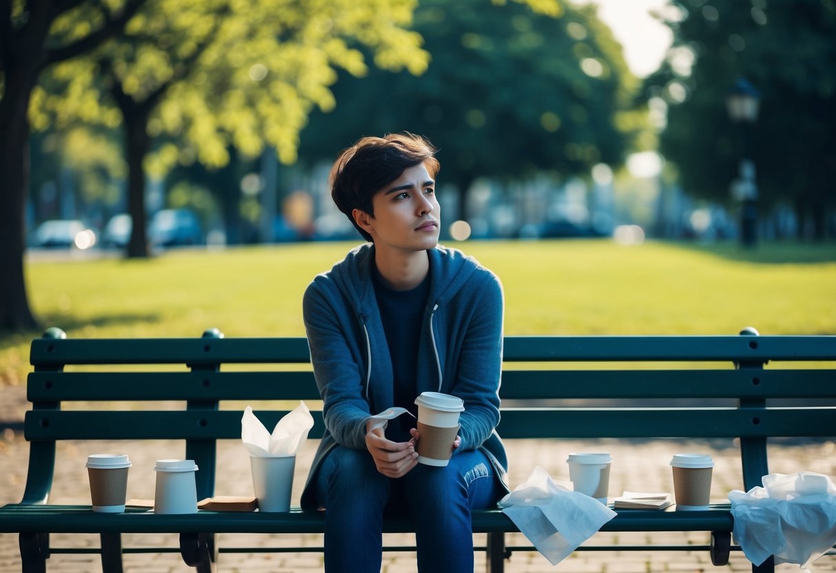 A person sitting alone on a park bench, surrounded by empty coffee cups and crumpled tissues, staring off into the distance with a pensive expression