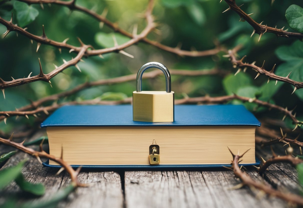 A closed book with a lock on it, surrounded by a barrier of thorny vines