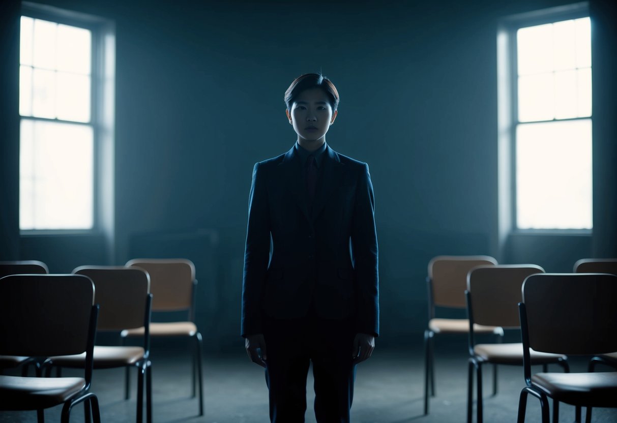 A figure standing alone in a dimly lit room, surrounded by empty chairs and a cold, distant expression on their face