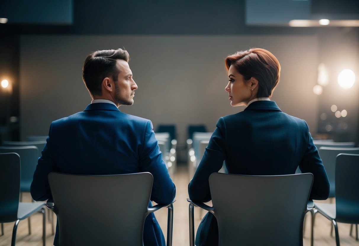 Two people sit facing each other, one with a pensive expression and the other looking away, surrounded by empty chairs and a tense atmosphere