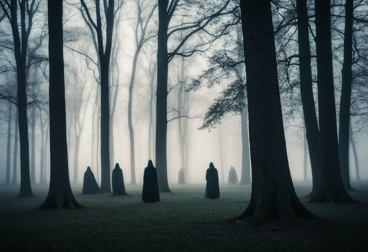 A misty forest with shadowy figures fading into the trees, their haunting presence lingering in the air