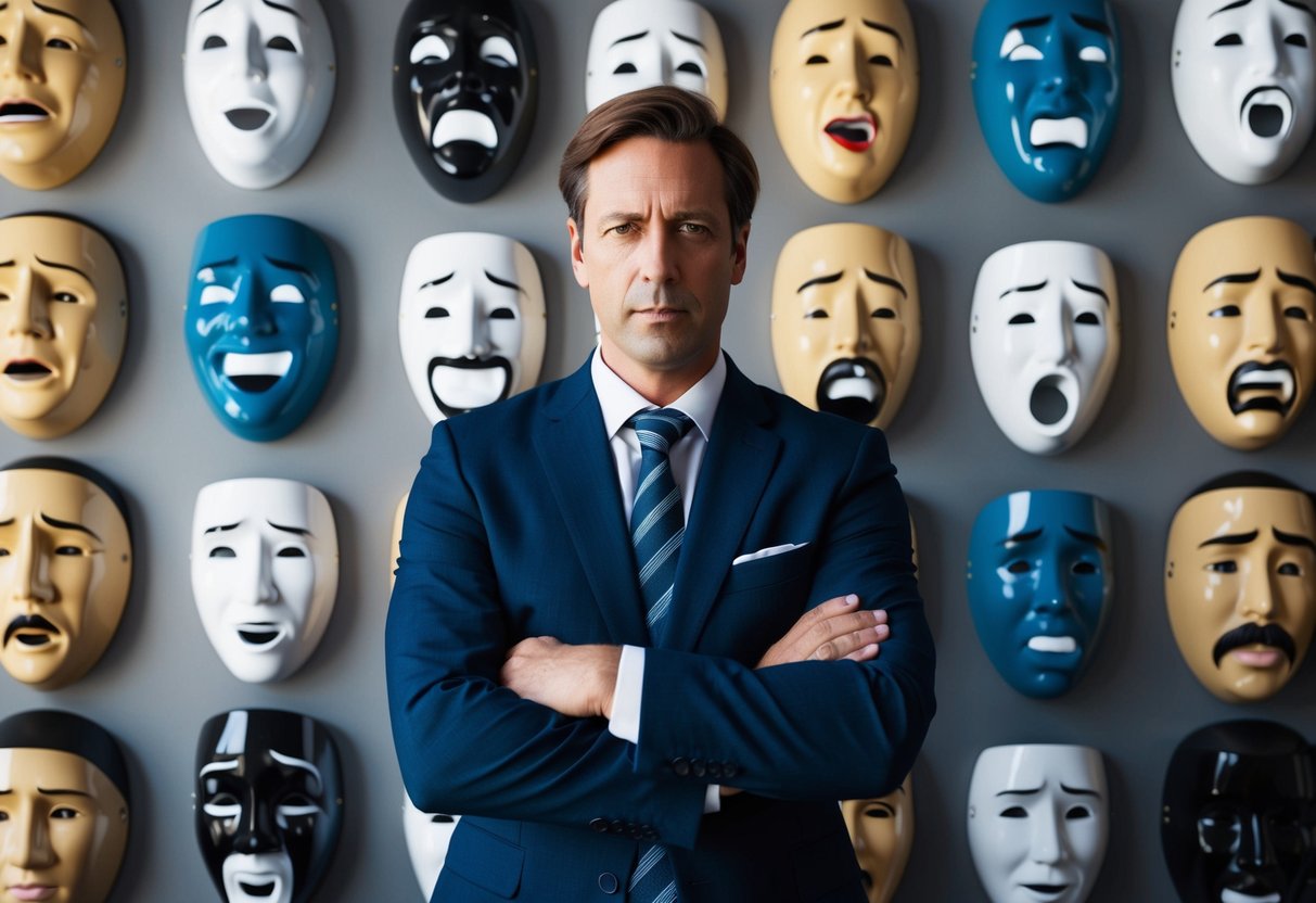 A figure standing behind a wall of masks, each one depicting a different emotion, with a critical gaze and crossed arms