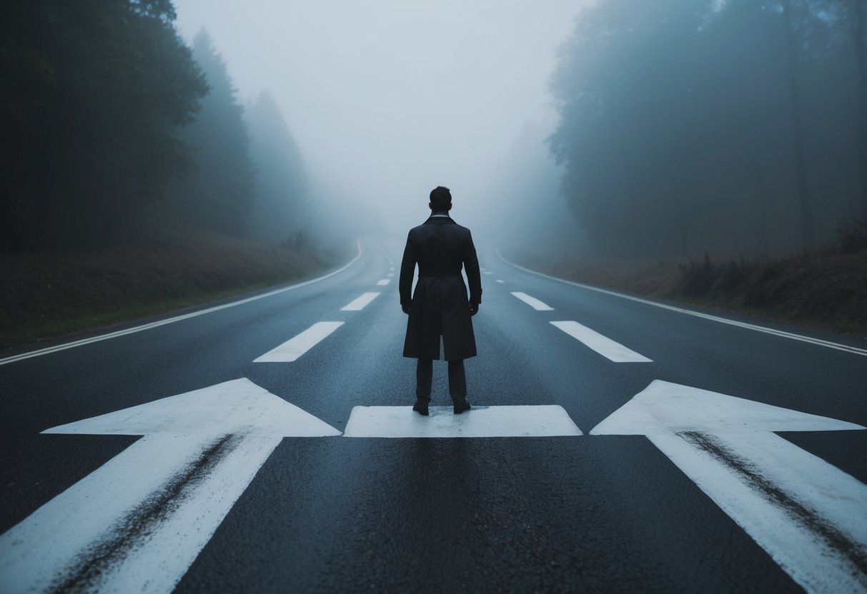 A figure standing at a crossroads, surrounded by fog and indecisive paths leading in different directions