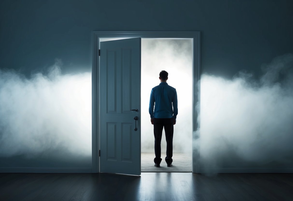 A closed door with a solitary figure standing on the other side, surrounded by a barrier of fog and shadows, symbolizing emotional unavailability