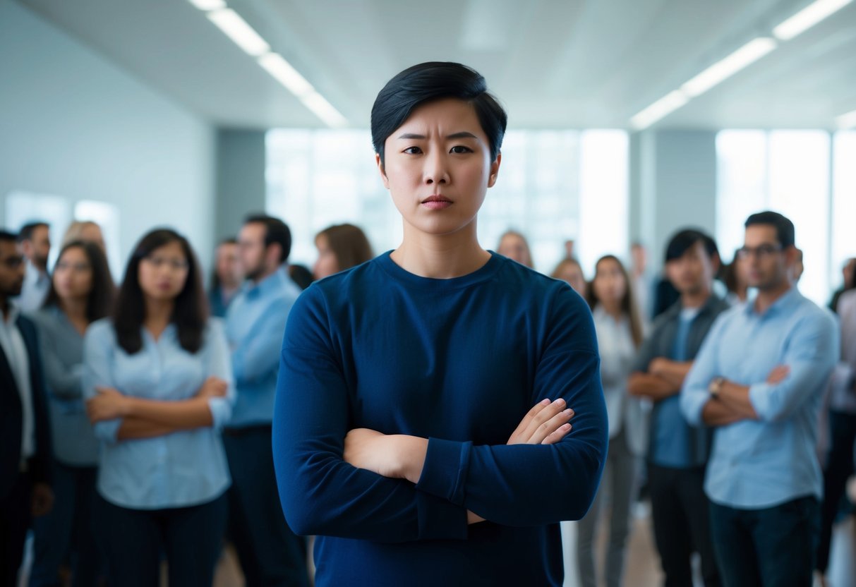 A person standing alone in a crowded room, surrounded by people yet looking distant and disconnected. Their body language exudes a sense of emotional unavailability, with crossed arms and a blank expression