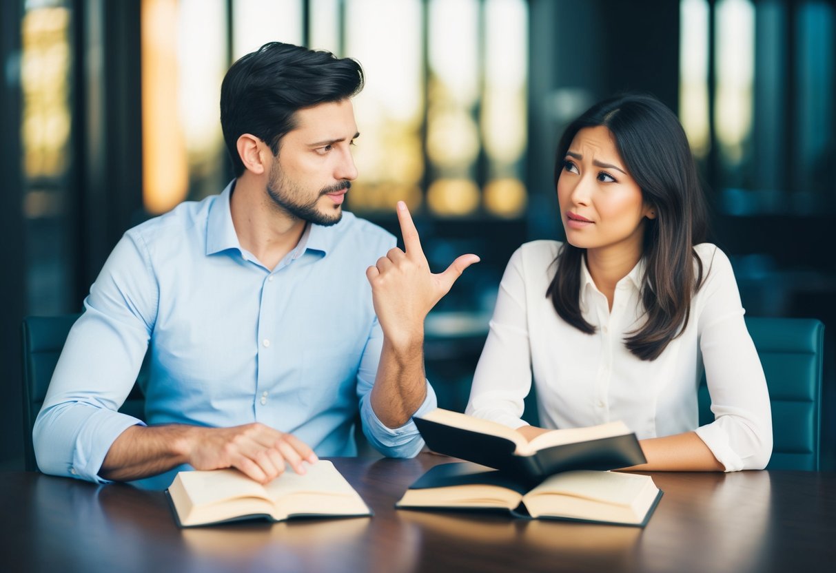 A man and woman sit at a table, each holding a different book. The man gestures to his book while the woman looks away, appearing confused