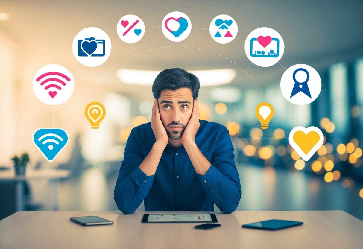 A person sitting at a table with a puzzled expression, surrounded by various symbols and icons representing mixed signals in dating