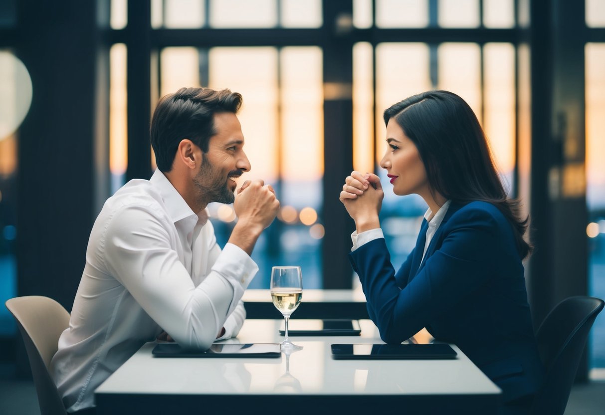 A man and woman sit across from each other at a table, their body language conflicting with their words. The man leans in eagerly, while the woman crosses her arms and avoids eye contact