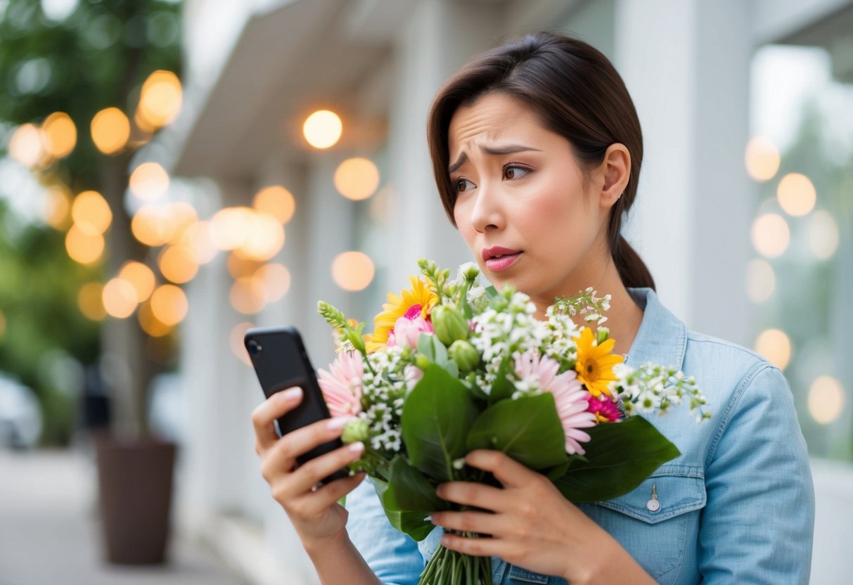 A person holding a bouquet of flowers while looking at their phone with a confused expression