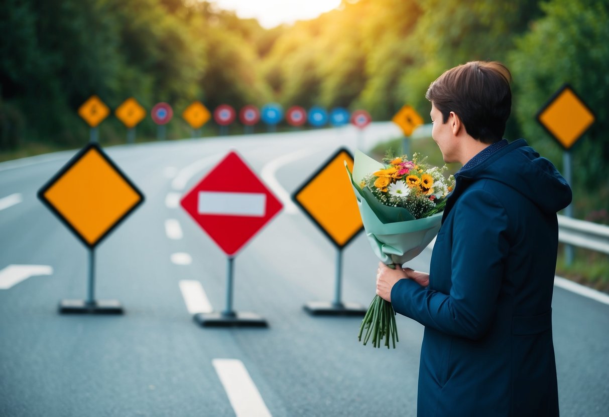 A person receiving a bouquet of flowers while looking at a confusing set of road signs