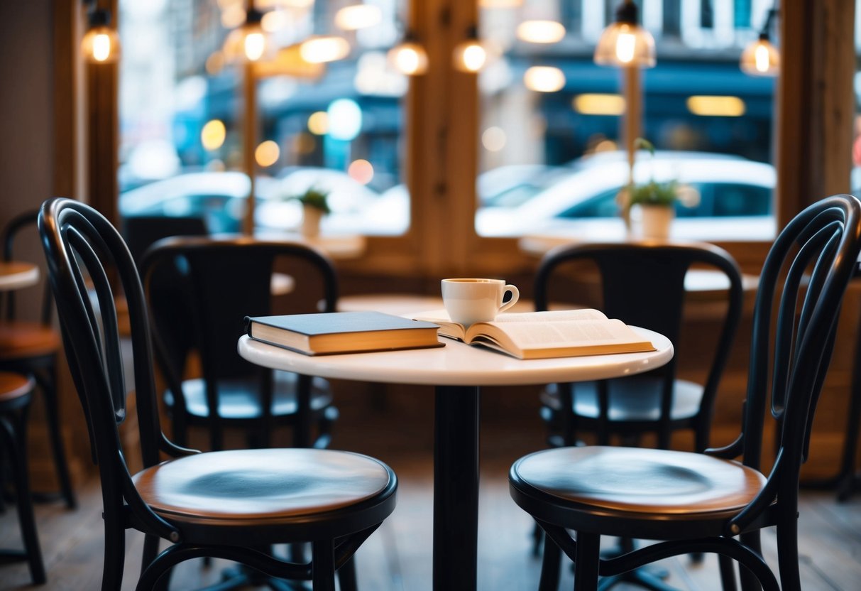 A cozy cafe with two chairs facing each other, a table with a book and a cup of coffee. Soft lighting and a relaxed atmosphere