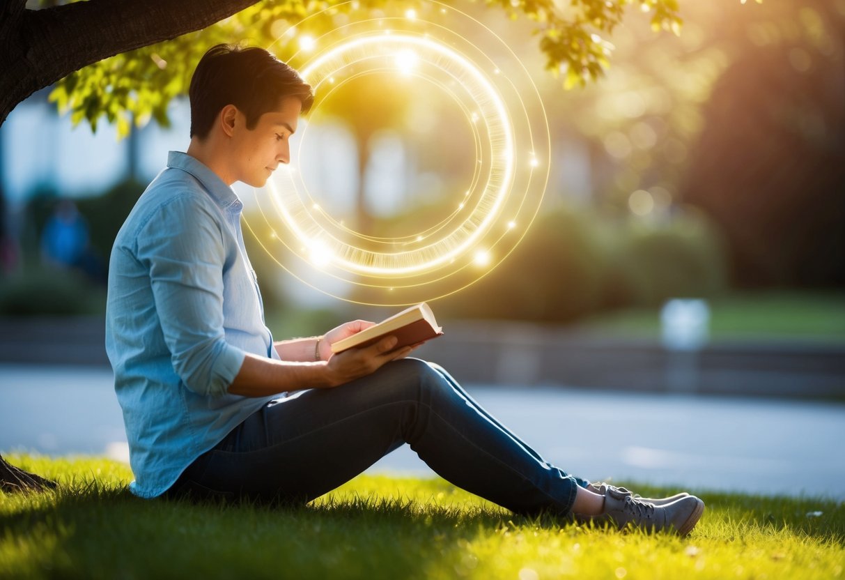 A person sitting under a tree, reading a book with a glowing energy aura around them