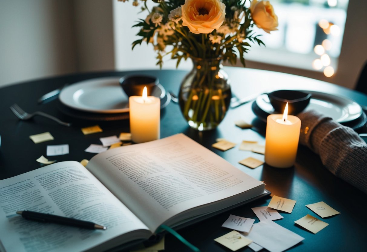 A table set for two, with a vase of fresh flowers and flickering candles. A book on body language lies open, surrounded by scattered notes