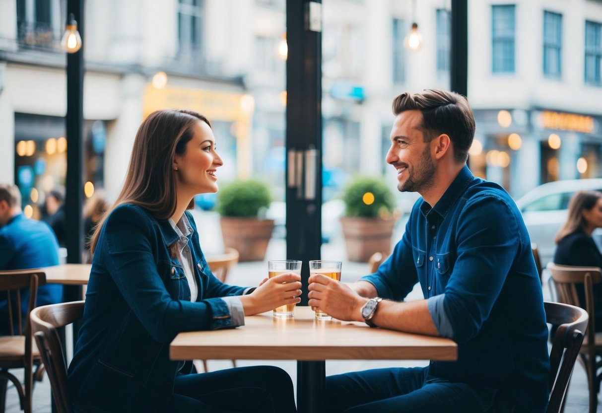 A couple sitting across from each other at a cafe, their body language expressing curiosity and openness