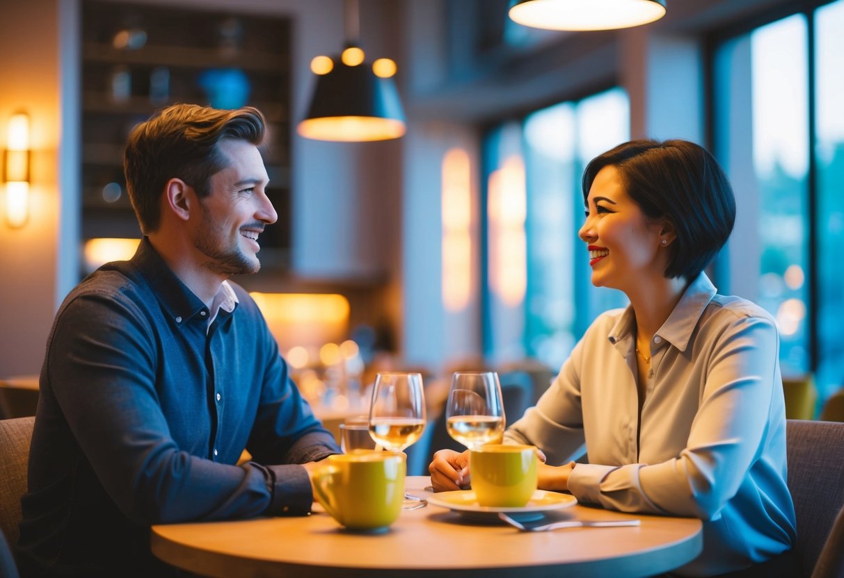 A couple sits at a table, their body language open and engaged. The atmosphere is warm and inviting, with soft lighting and vibrant colors