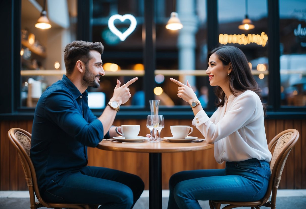 A couple sitting across from each other at a cafe, exchanging glances and subtle gestures as they connect on a first date