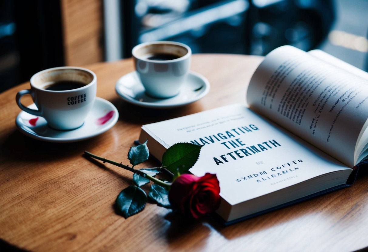 A cozy coffee shop with two empty cups on a table, one with a lipstick stain. A book titled "Navigating the Aftermath" sits open, with a single red rose laying next to it