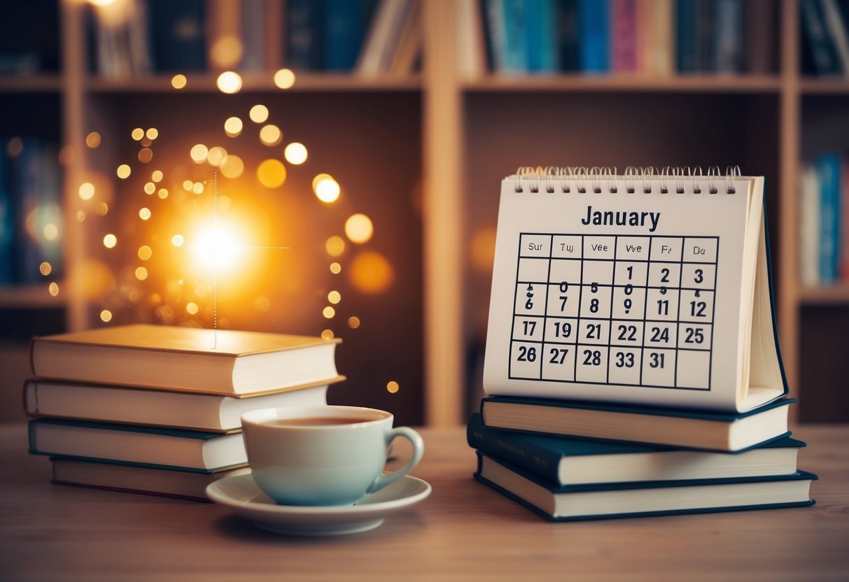 A cozy reading nook with a stack of books, a warm cup of tea, and soft lighting. A calendar with a circled date and a buzzing anticipation in the air