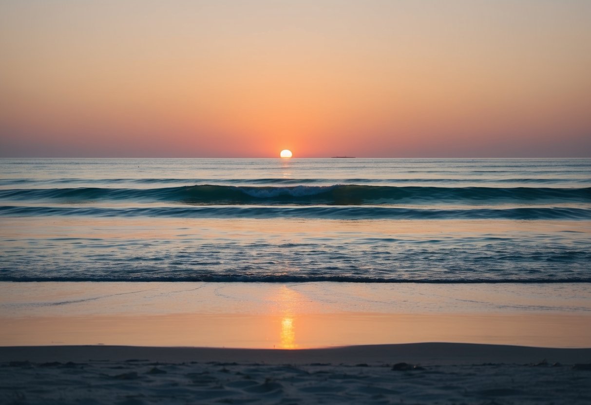 A serene beach at sunset, with gentle waves and a peaceful atmosphere