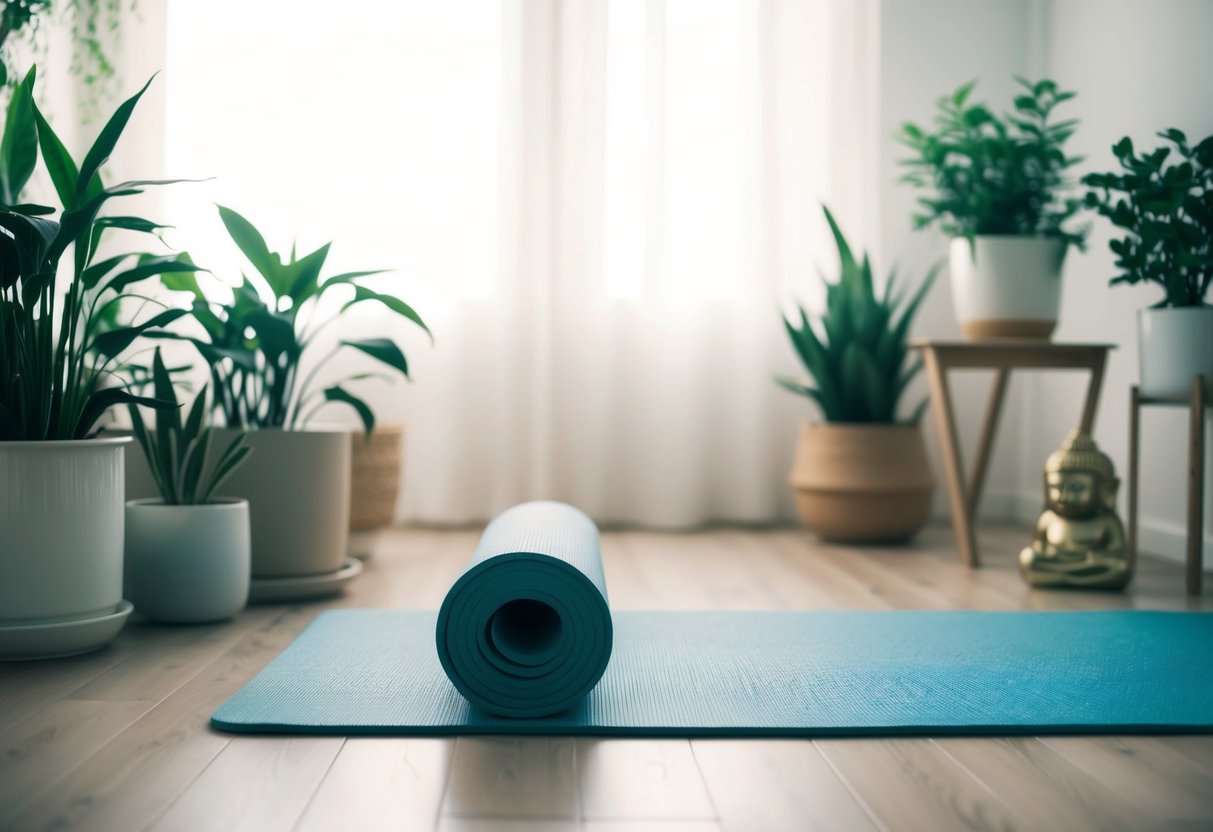 A serene setting with a peaceful atmosphere, featuring a yoga mat surrounded by soft lighting, plants, and calming decor