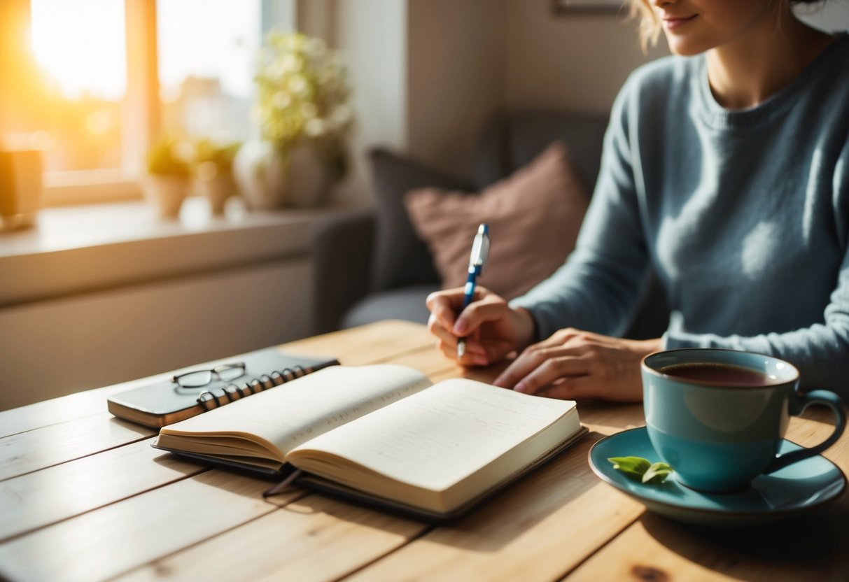 A cozy, sunlit room with a journal, pen, and cup of tea on a table. Soft music plays in the background as a person sits comfortably, writing and practicing calming techniques