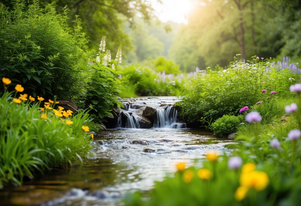 A serene nature scene with a flowing stream, lush greenery, and colorful flowers, surrounded by calm and peaceful surroundings