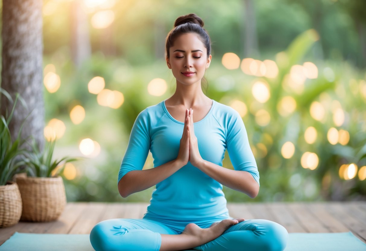 A serene setting with a person practicing the 4-7-8 breathing technique, surrounded by calming elements such as nature, soft lighting, and soothing colors