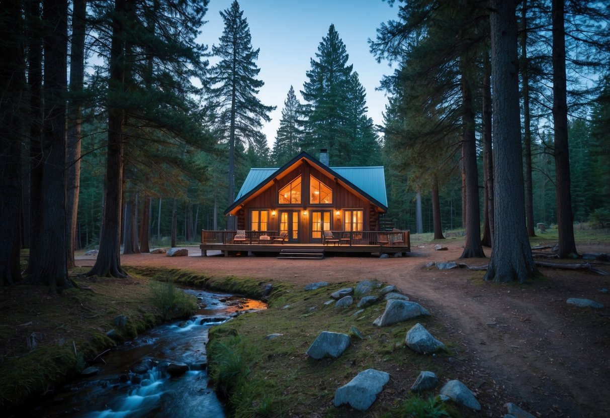 A cozy, secluded cabin nestled in a serene forest clearing, surrounded by tall trees and a gentle stream, with a warm, inviting glow emanating from the windows