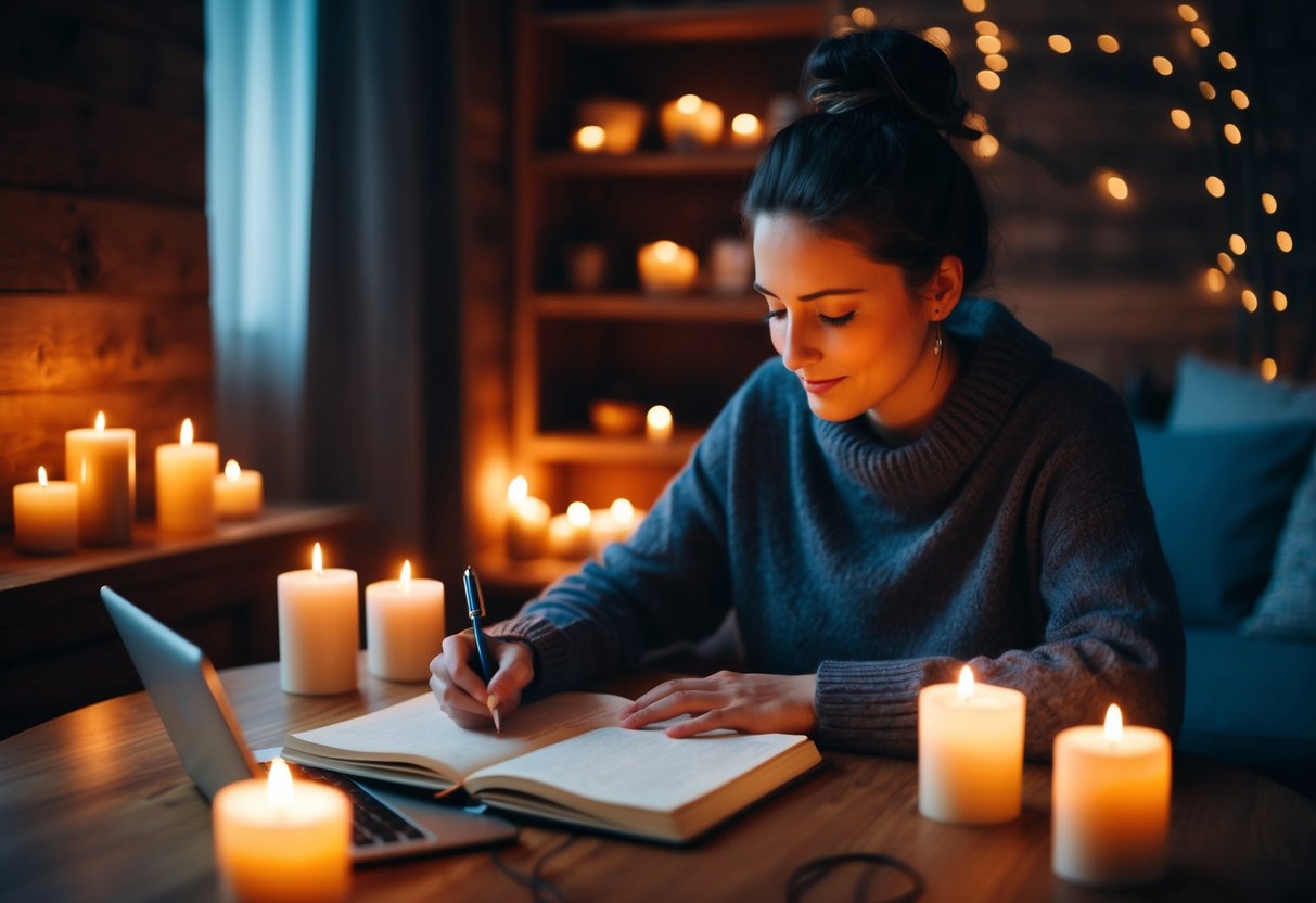 A person sitting in a cozy, dimly lit room surrounded by candles and soft music, writing in a journal with a peaceful expression