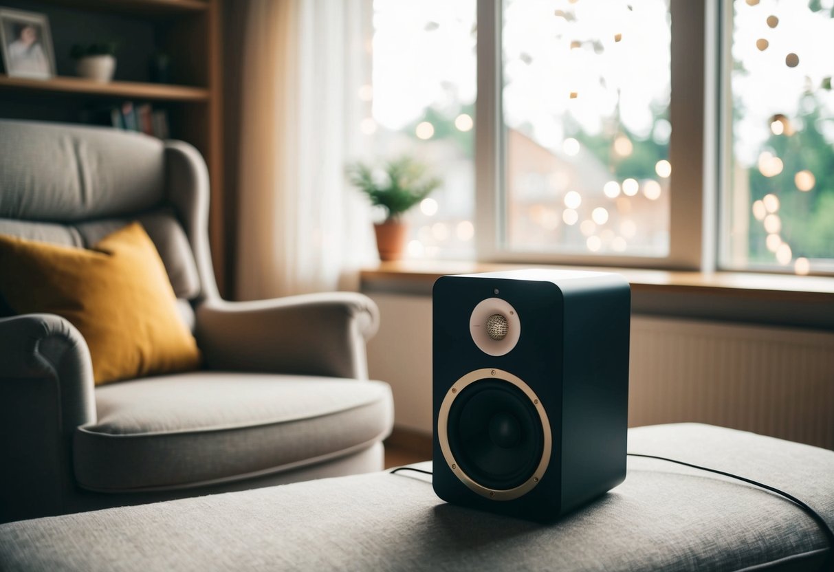 A cozy room with soft lighting, a comfortable chair, and a speaker playing soothing music