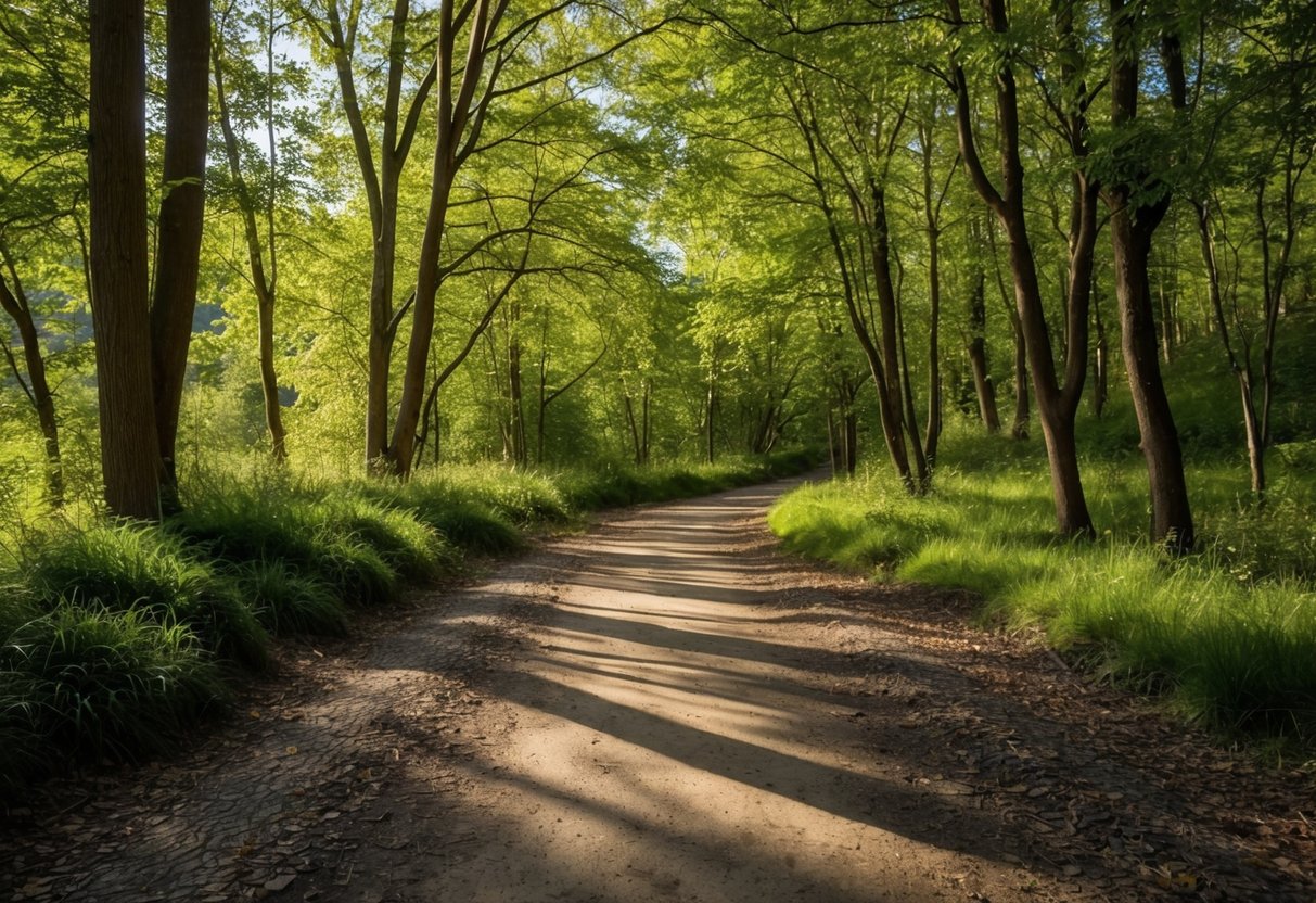 A peaceful forest path with dappled sunlight and a gentle stream