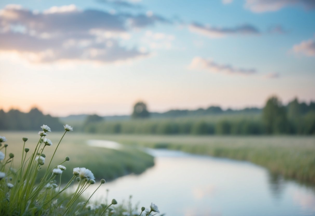 A serene, tranquil setting with soft, soothing colors and imagery of nature, such as a peaceful landscape or gentle flowing water