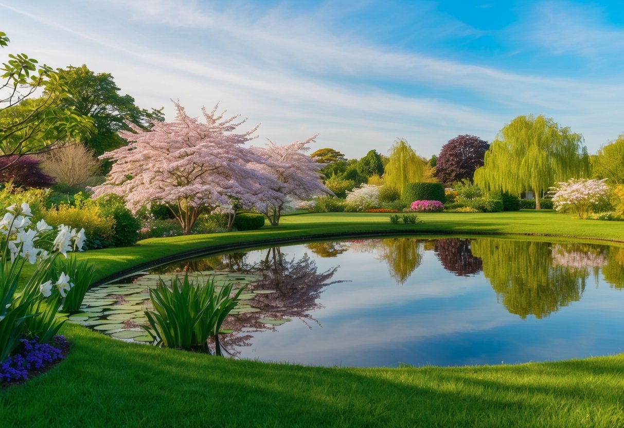 A tranquil garden with blooming flowers, a gentle breeze, and a peaceful pond reflecting the sky