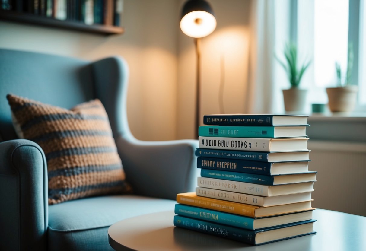 A cozy room with a comfortable chair, soft lighting, and a stack of audio books on a table