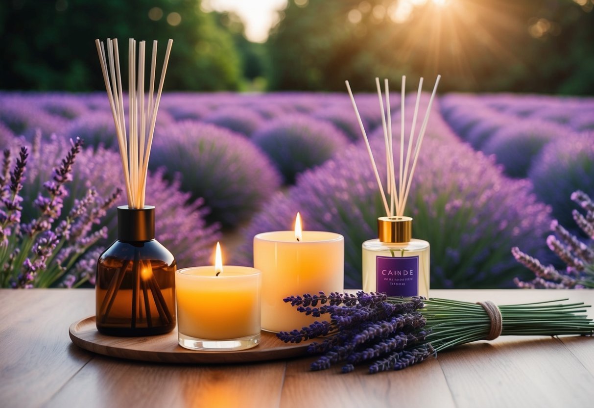 A serene, candlelit room with a lavender field, diffuser, and calming decor