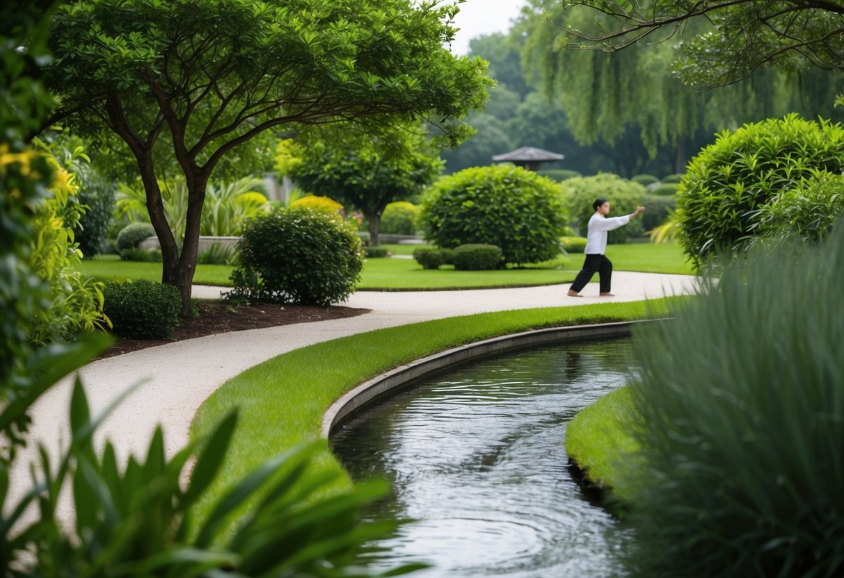 A serene garden with a winding path, surrounded by lush greenery and gentle flowing water, with a figure in the distance practicing Tai Chi