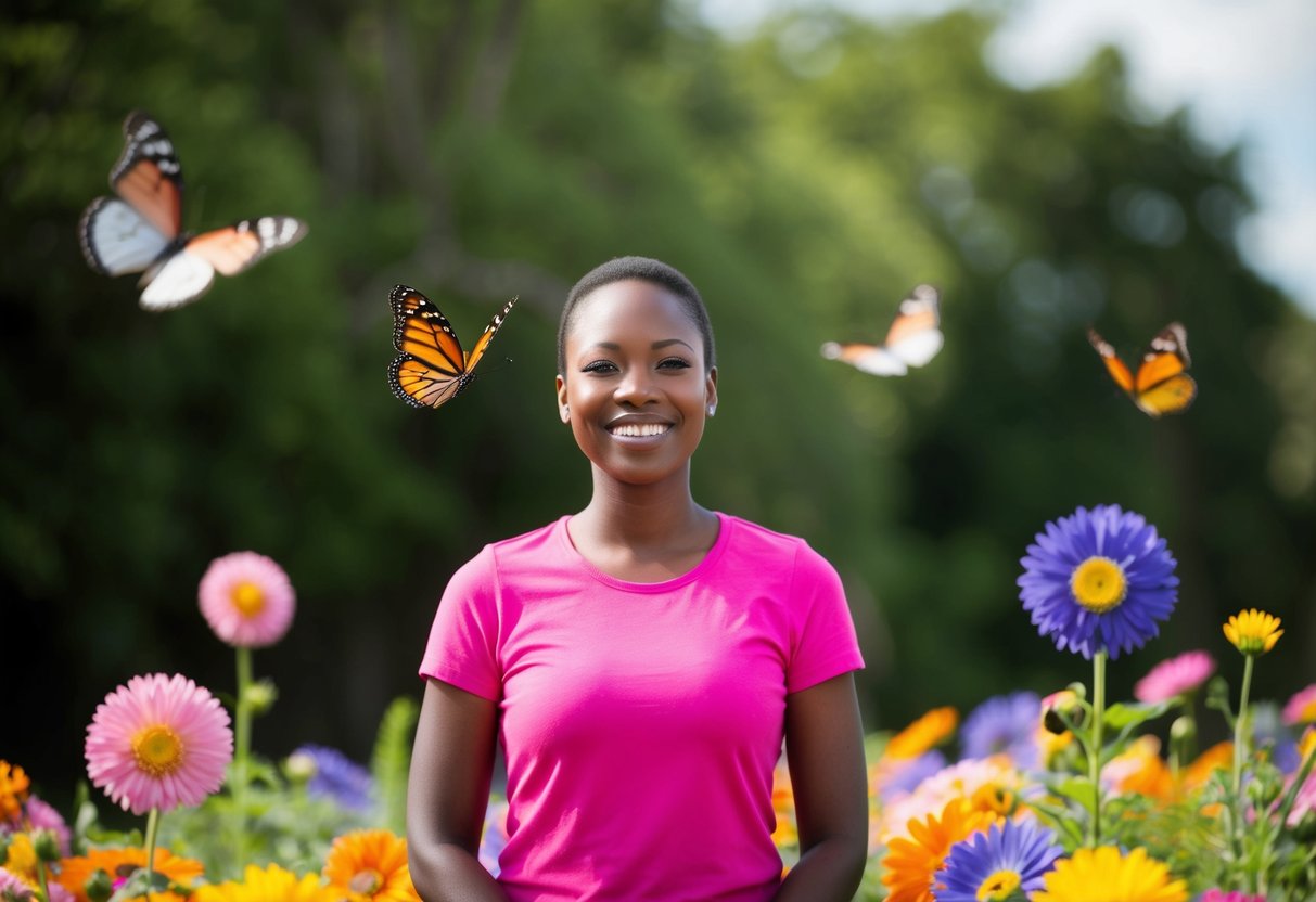 A person standing tall with a smile, surrounded by colorful flowers and butterflies, exuding confidence and positivity