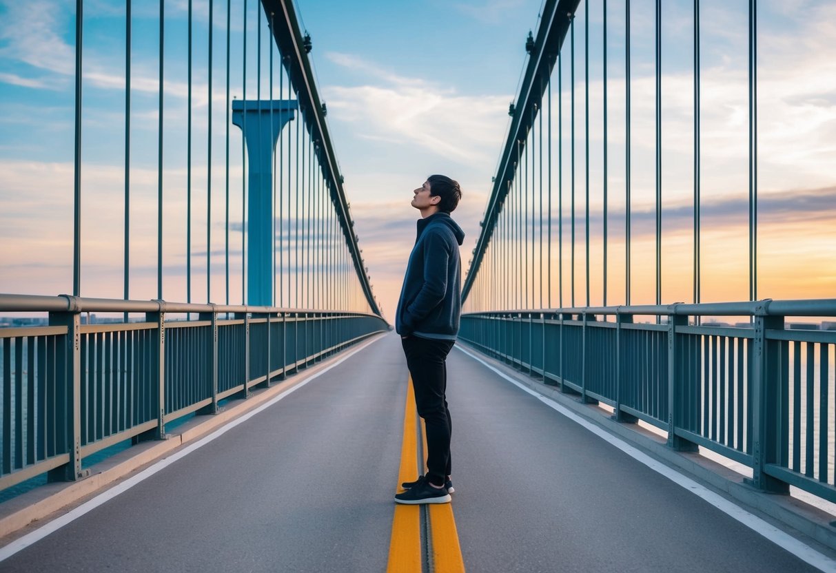 A person standing on one side of a bridge, looking hesitantly at the other side where a vibrant and confident version of themselves is waiting