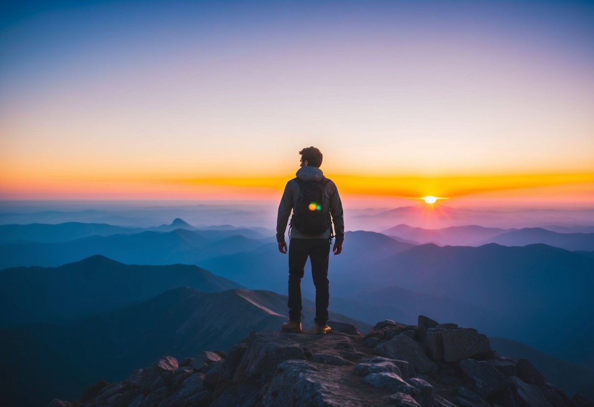 A person standing on a mountain peak, looking out at a vast and colorful sunset, with a confident and determined expression on their face