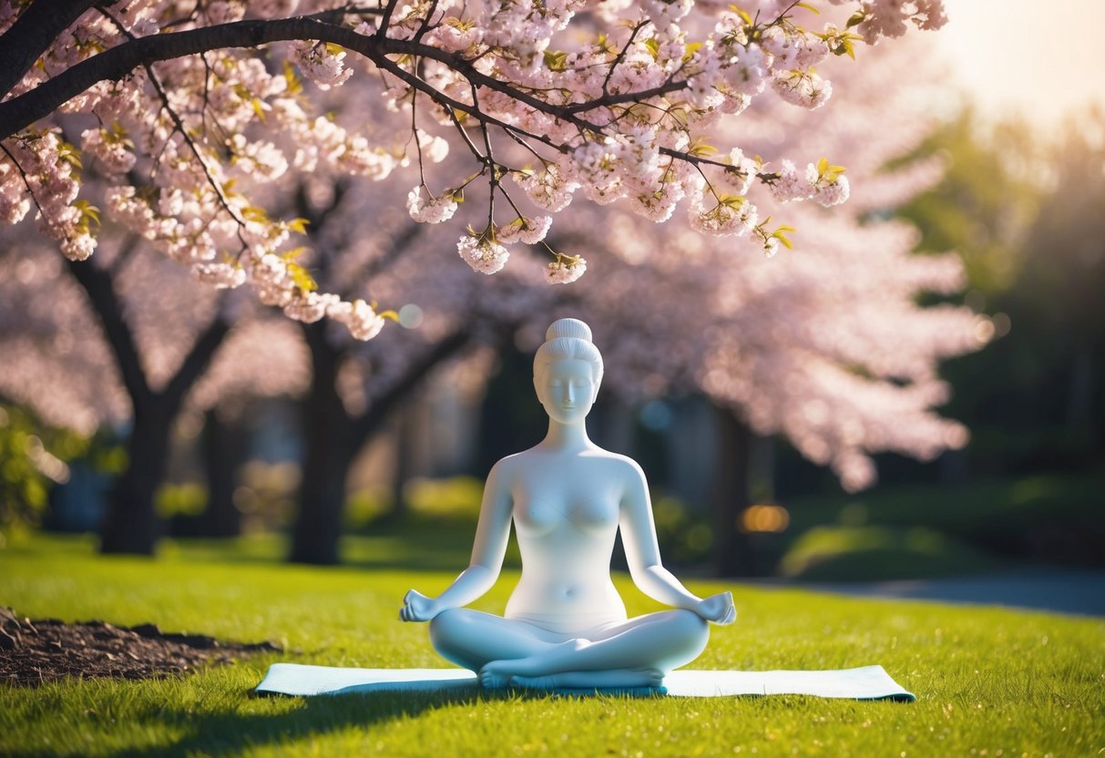 A serene figure meditates under a blossoming cherry tree, surrounded by calming nature and a sense of inner peace