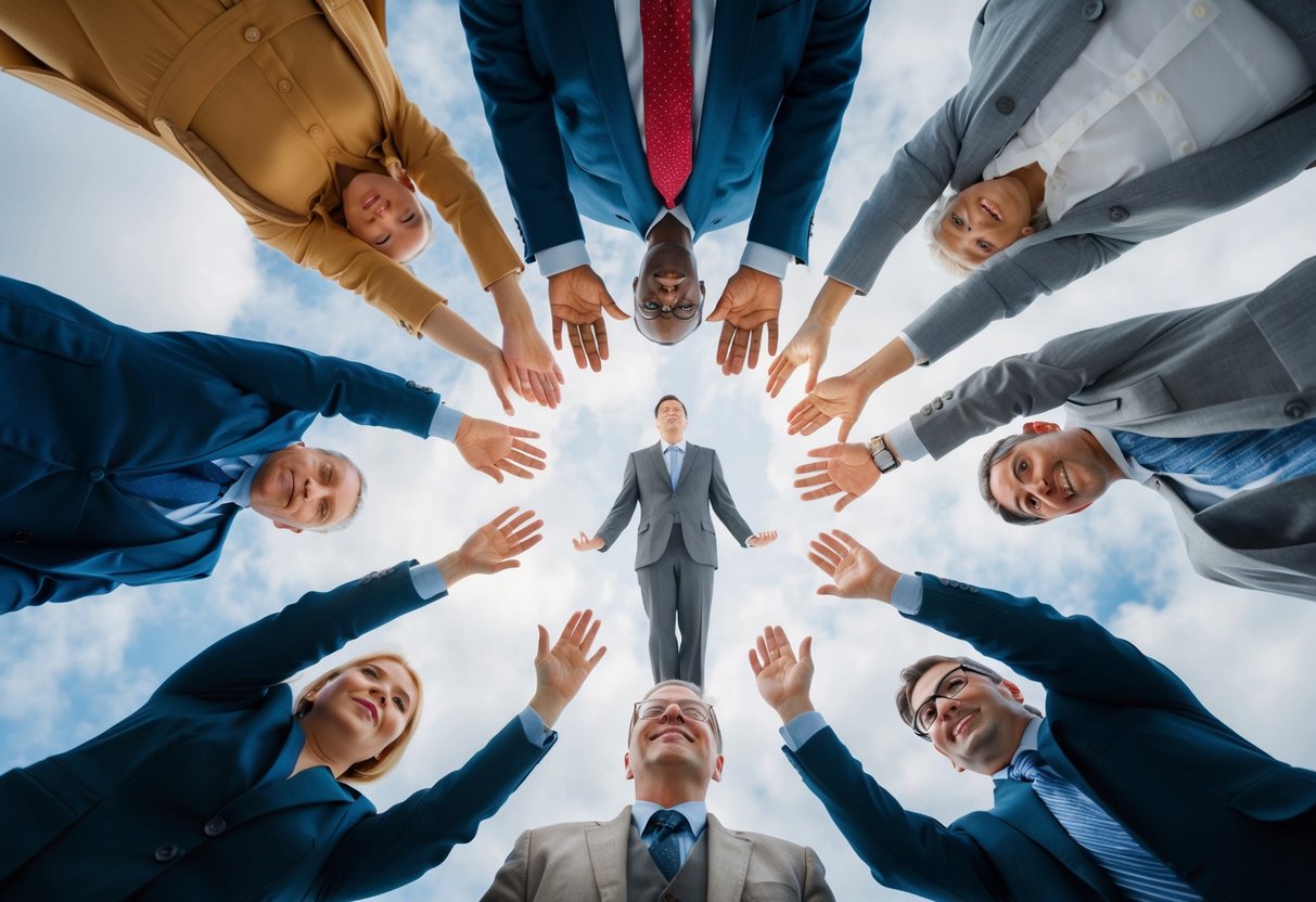 A person surrounded by supportive figures, moving from a cloud of anxiety to a circle of confidence