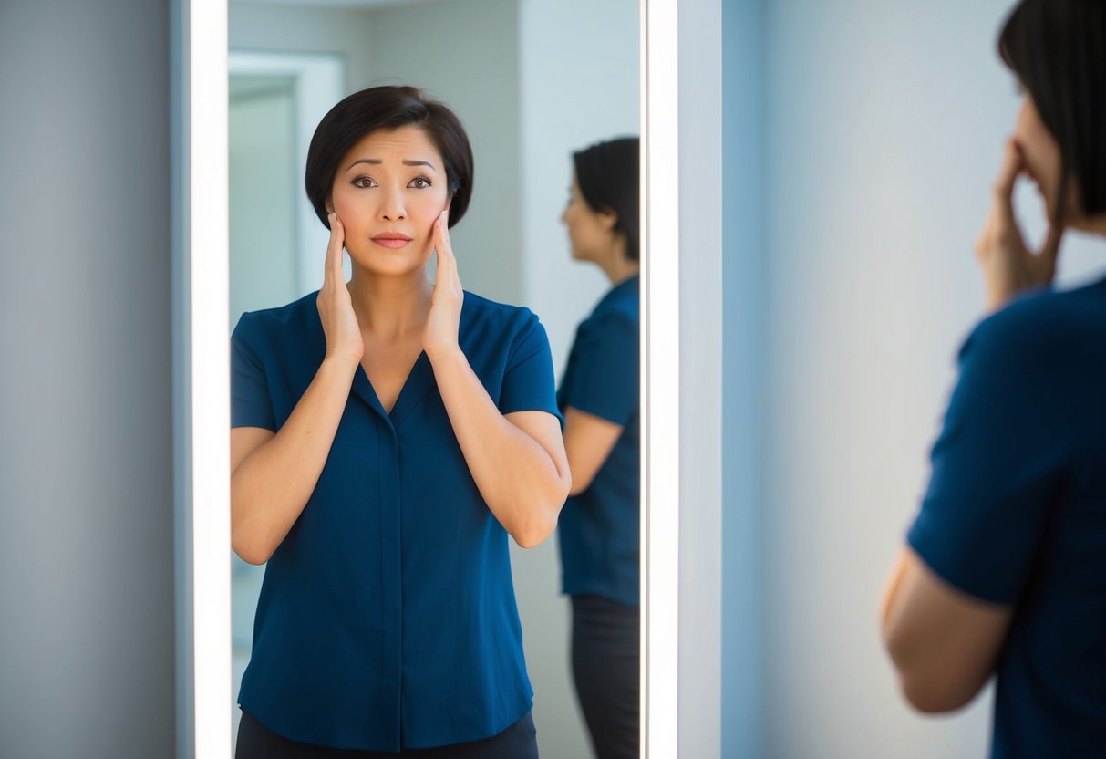 A person standing in front of a mirror, initially looking anxious but then gradually gaining confidence as they adjust their appearance and posture