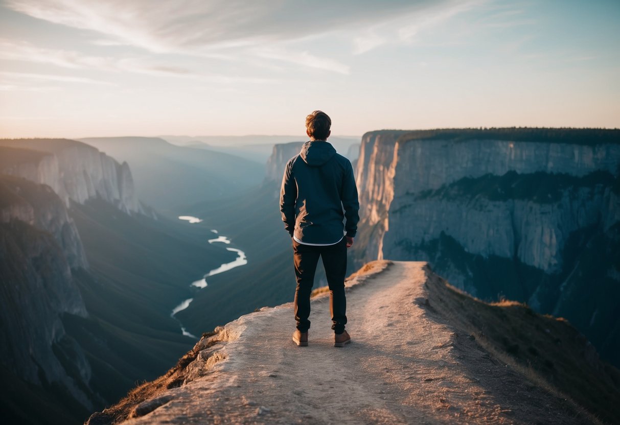 A person standing at the edge of a cliff, looking out at a vast and intimidating landscape, with a small path leading into the unknown