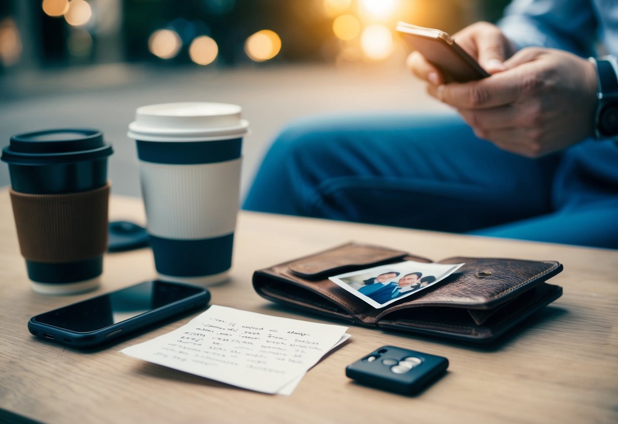 A man's scattered belongings: a forgotten coffee cup, a crumpled note, and a photo of you tucked into his wallet