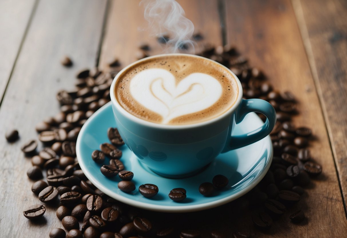 A coffee cup with a heart-shaped foam design sits on a saucer, surrounded by scattered coffee beans and a faint scent of roasted coffee in the air