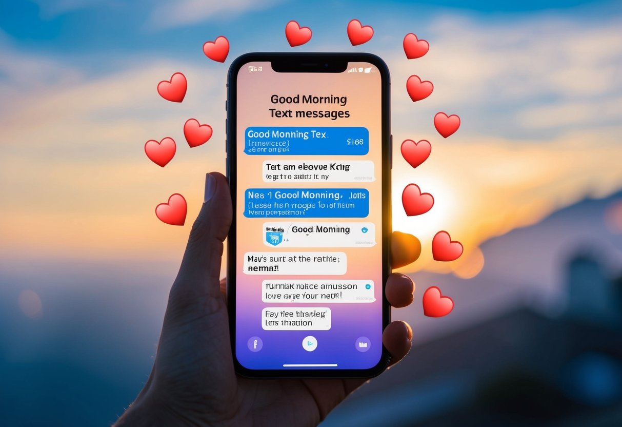 A phone screen with a series of good morning text messages displayed, surrounded by small heart emojis and a growing number of messages