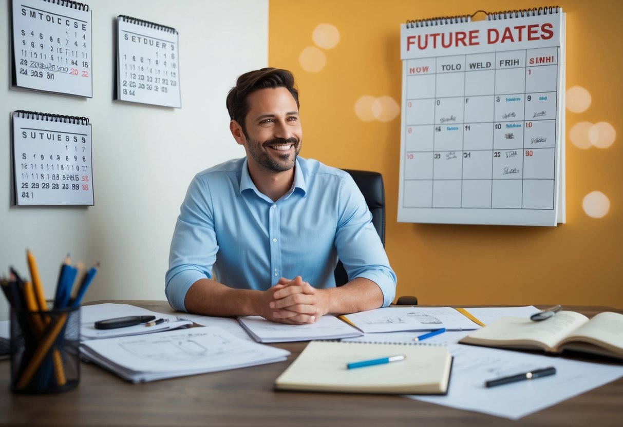 A man sits at a desk, surrounded by sketches and notes. A calendar on the wall shows future dates circled. He smiles as he imagines the possibilities