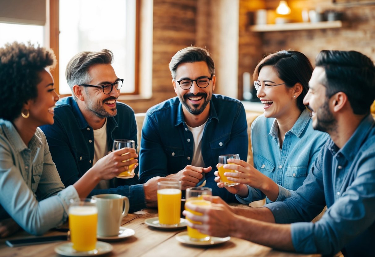 A group of figures gather in a cozy setting, engaging in animated conversation and laughter, indicating a strong bond and close friendship