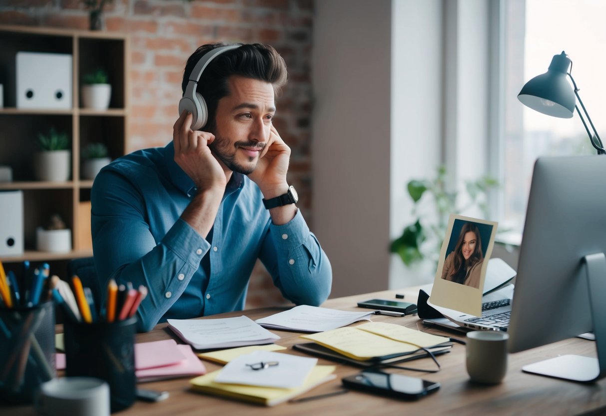 A man's desk cluttered with notes, a photo of the person he's falling for, and a thoughtful expression as he listens to their favorite song