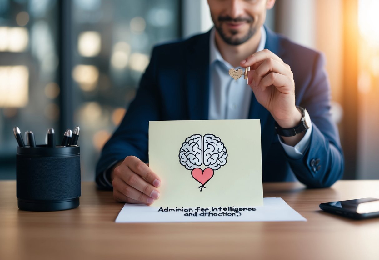 A man leaves a note on a desk with a drawing of a brain and a heart intertwined, symbolizing admiration for intelligence and affection